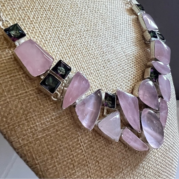 New Rose Quartz Stone w Mystic Topaz Cluster Statement Silver Overlay Necklace - Picture 10 of 13